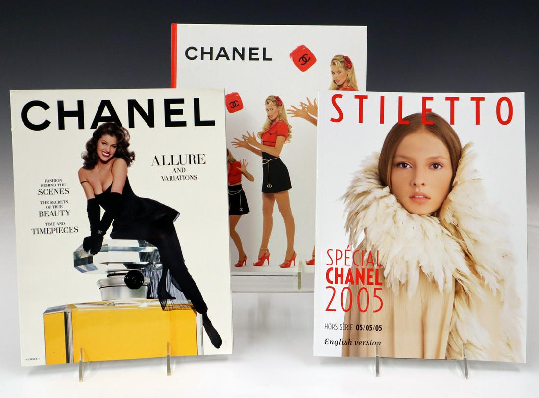 3 pcs of Chanel Ephemera: Three Pieces of Chanel Ephemera. Including a Chanel magazine, No. 1 (1993), a Chanel book (1995), and a Stiletto Magazine-Chanel Special-(May 5, 2005). Minor wear overall. Each 9 1/4 x 12". ESTIMATE $