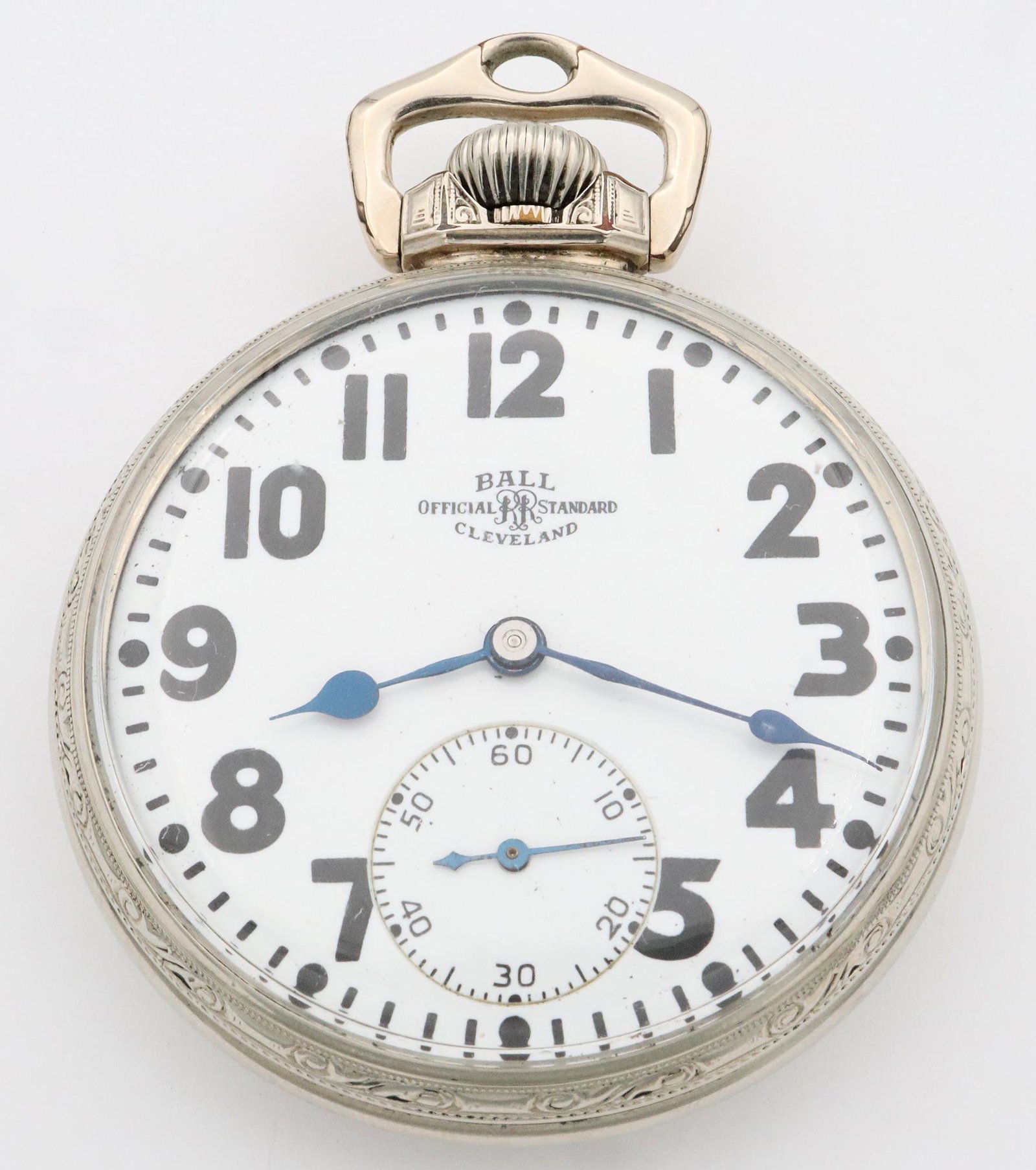 Ball 21 j Official Standard RR Watch: A Ball/Hamilton "Official RR Standard" Railroad watch. 16 size, 21 j, Grade 999P, Adjusted Temp & 5 pos, DMK, GJS, SW, LS, OF, Fancy Keystone 14k GF case marked "Ball, Official RR Standard", SS porcel