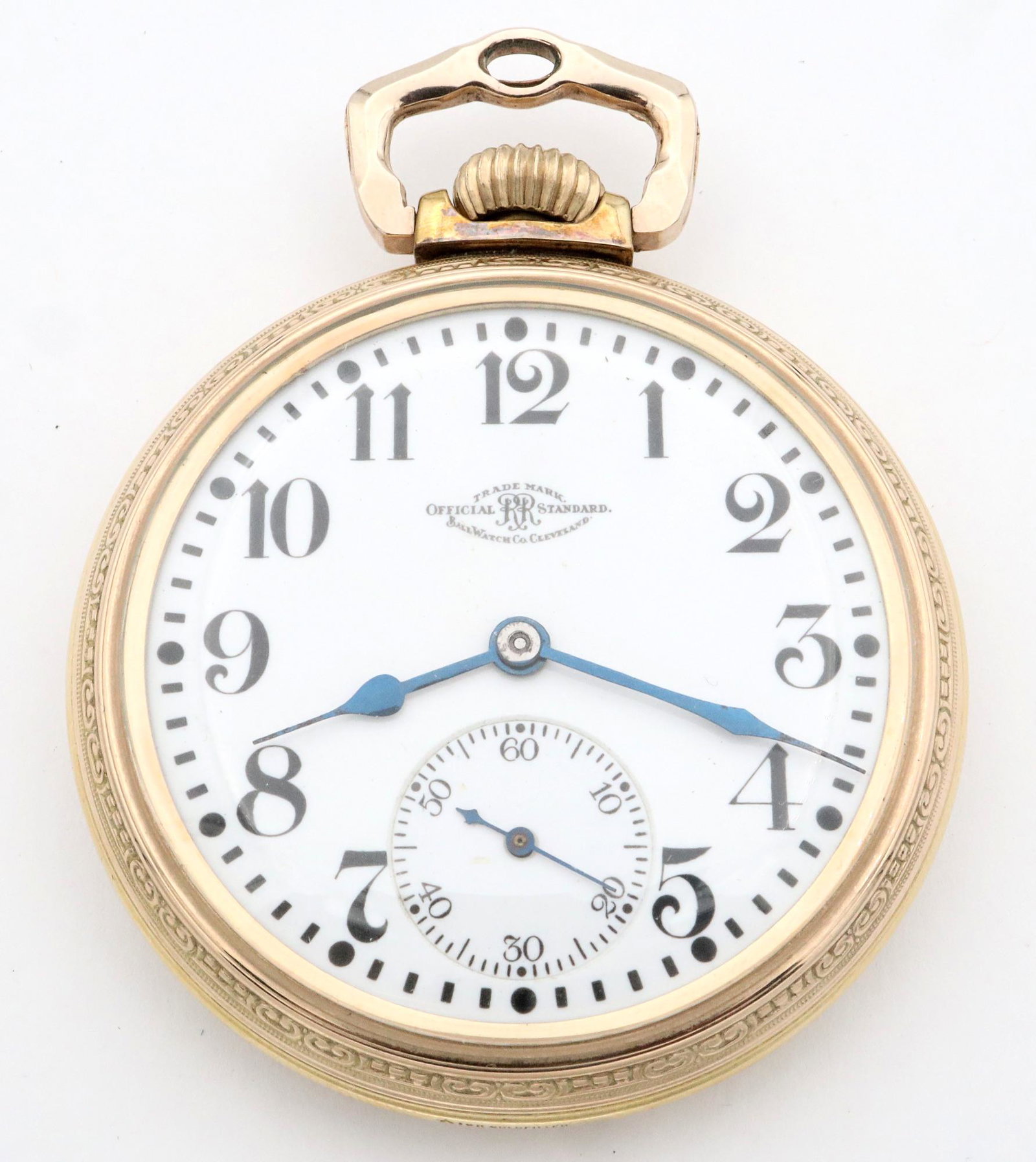 Ball 23 j Official Standard RR Watch: A Ball/Hamilton "Official RR Standard" Railroad watch. 16 size, 23 j, Grade 999N, Adjusted Temp & 5 pos, DMK, GJS, SW, LS, OF, Fancy Keystone 14k GF case marked "Ball, Official RR Standard", SS porcel