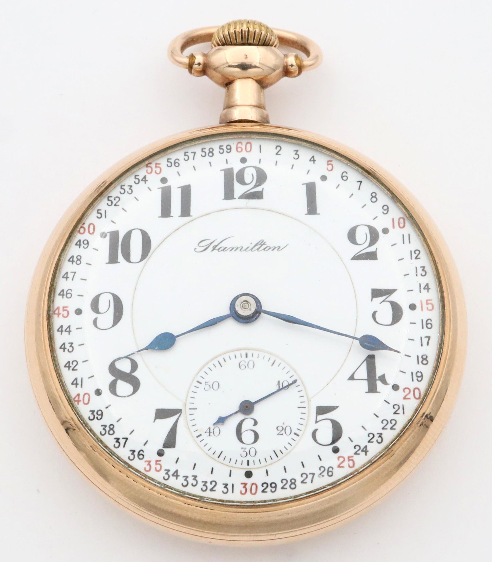 Hamilton 992 21 j Railroad Watch: A Hamilton "992" Railroad watch. 16 size, 21 j, Adjusted Temp & 5 pos, DR, DMK, GJS, SW, LS, OF, Fancy Star W. C. Co. GF, DS "Montgomery" porcelain dial w/Arabic numerals marked "Hamilton". Serial #13