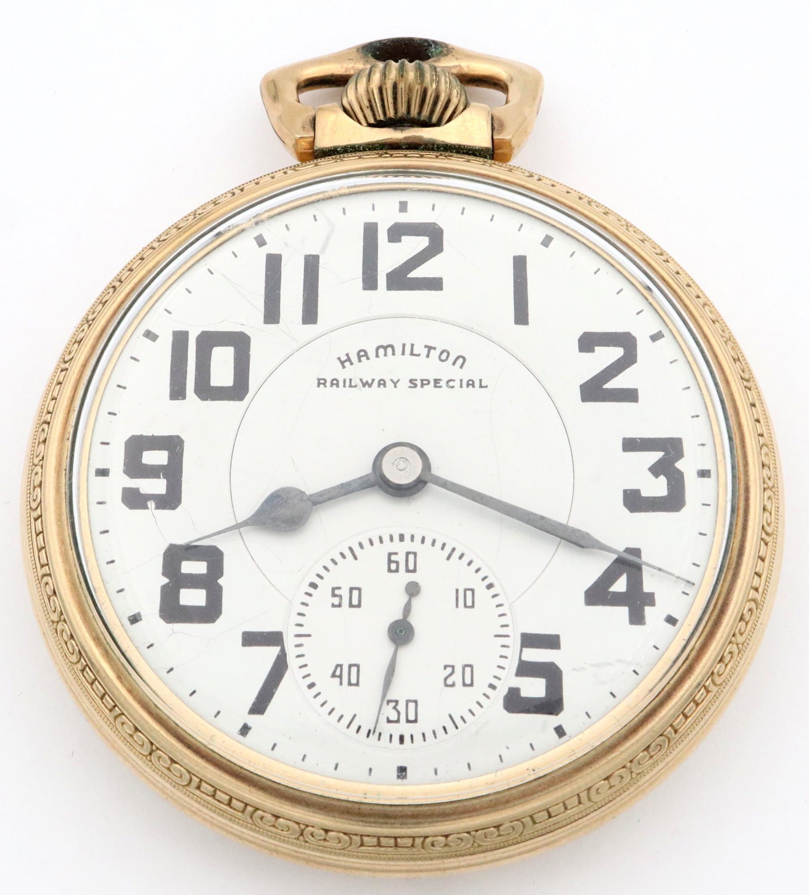 Hamilton 21 j 992B RR Watch: A Hamilton model 992B Railroad watch. 16 size, 21 j, Adjusted 6 pos, DMK, SW, LS, OF, Keystone "Ball" GF, SS metal dial w/Arabic numerals marked "Hamilton, Railway Special". Serial #C290063. Some case