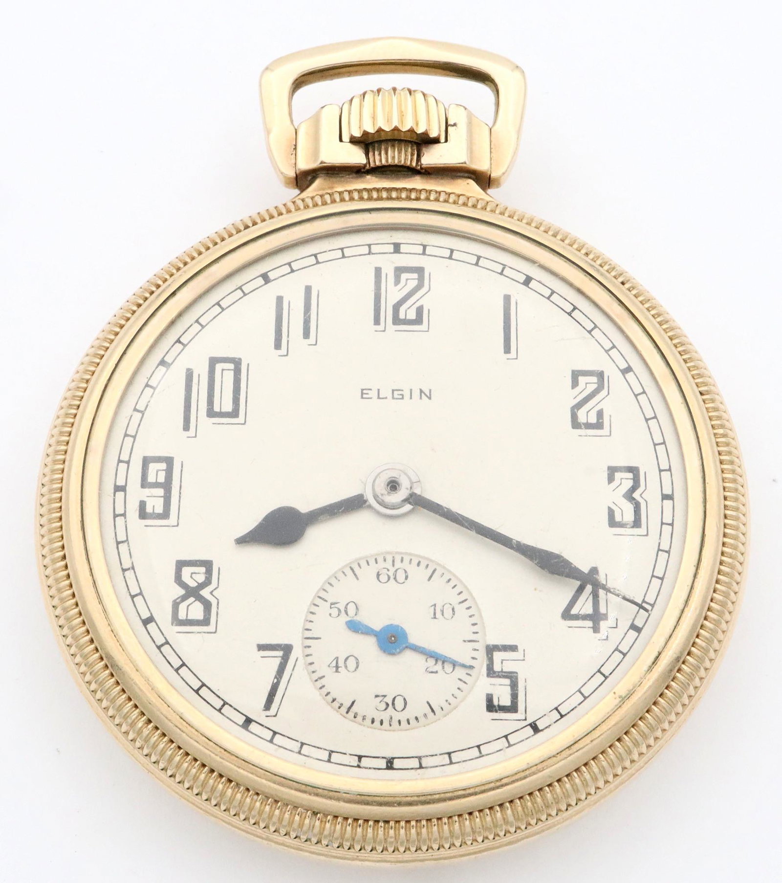 Elgin 21 j B W Raymond Pocket Watch: An Elgin "B. W. Raymond" model pocket watch. 16 size, 22 j, Adjusted Temp & 5 pos, DR, DMK, Gold tone, SW, LS, OF, Keystone "J. Boss" GF, SS metal dial w/Arabic numerals marked "Elgin". Serial #417510