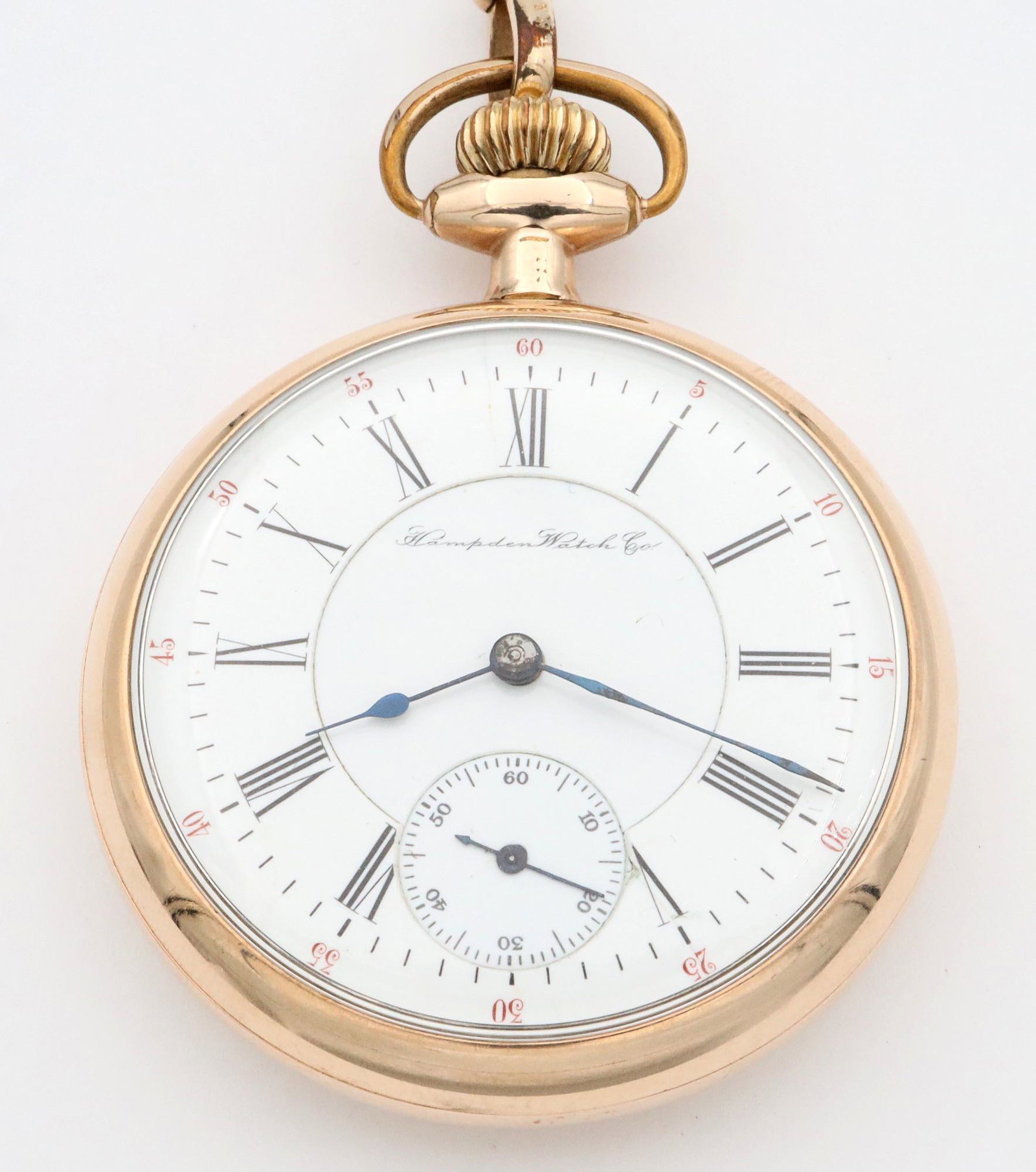 Hamden 15 j Wm. McKinley Pocket Watch: A Hamden "Wm. McKinley" model pocket watch with chain. 16 size, 15 j, Adjusted Temp & 3 pos, DMK, SW, PS, OF, Star W. C. Co GF, DS porcelain dial w/Roman numerals marked "Hampden Watch Co." . Serial #