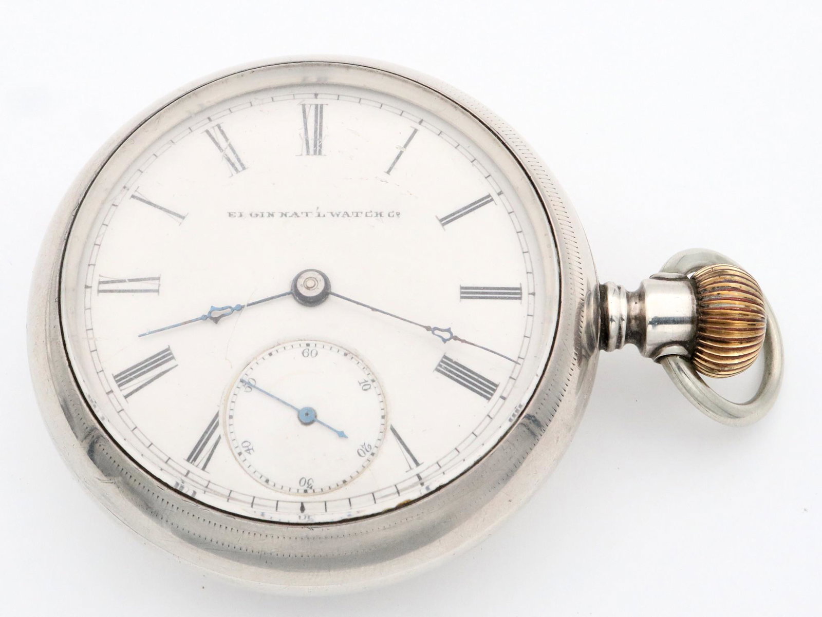 Elgin 15 j H. H. Taylor Pocket Watch: An Elgin "H. H. Taylor" model pocket watch. 18 size, 15 j, Adjusted, SW, LS, OF, Fahys Sterling Silver case, SS porcelain dial w/Roman numerals marked "Elgin Nat'l Watch Co.". Serial #1379743. Some ca