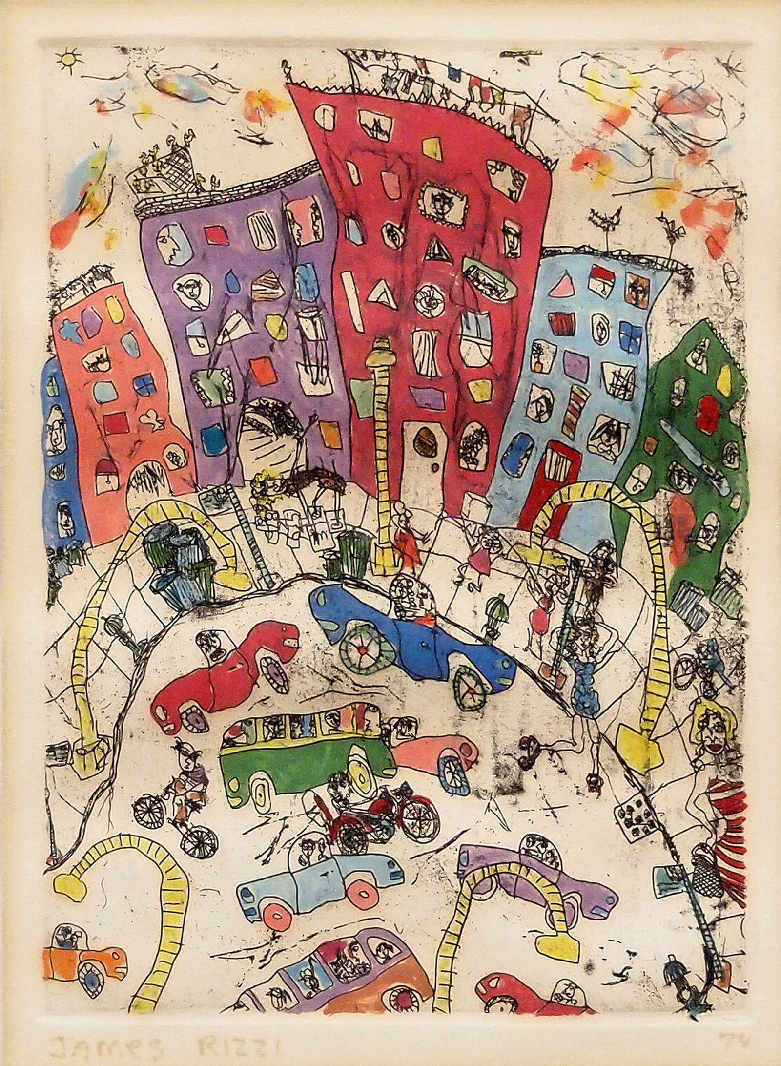 James Rizzi Monoprint: James Rizzi, American, 1950-2011. Monoprint in colors entitled "On the Sidewalks of the City". Signed "James Rizzi" lower left and dated "74" lower right. Rippling to the paper, toning at edges, sligh