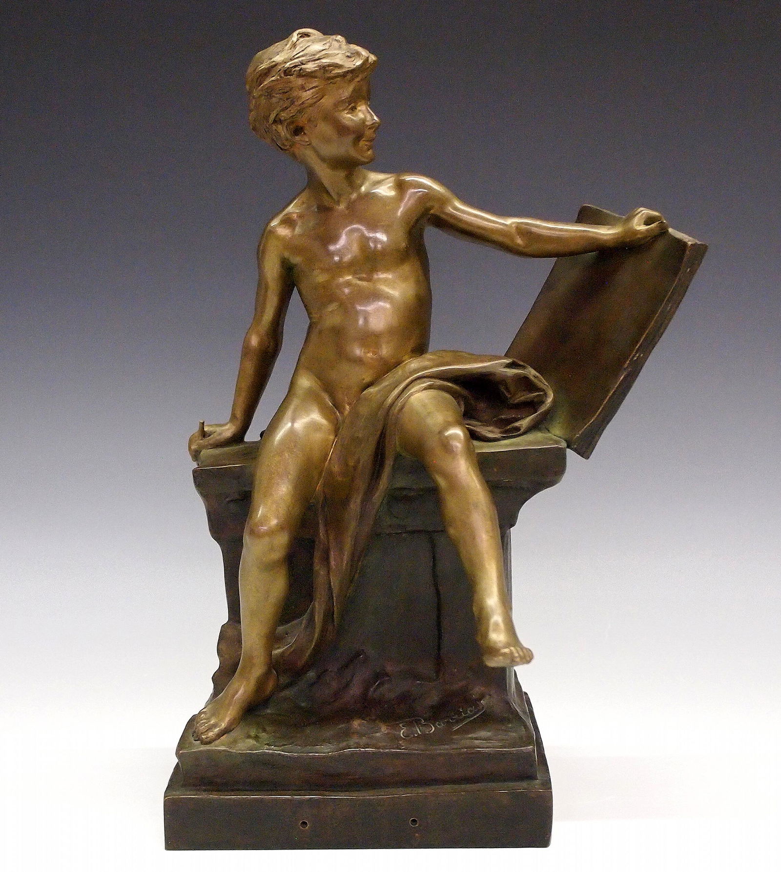 French Bronze Figure: After Louis-Ernest Barrias, French, 1841-1905. An early 20th century Bronze sculpture of a young scribe holding a tablet. Cast signature "E. Barrias" with "Susse Freres" stamped foundry marks. Origina