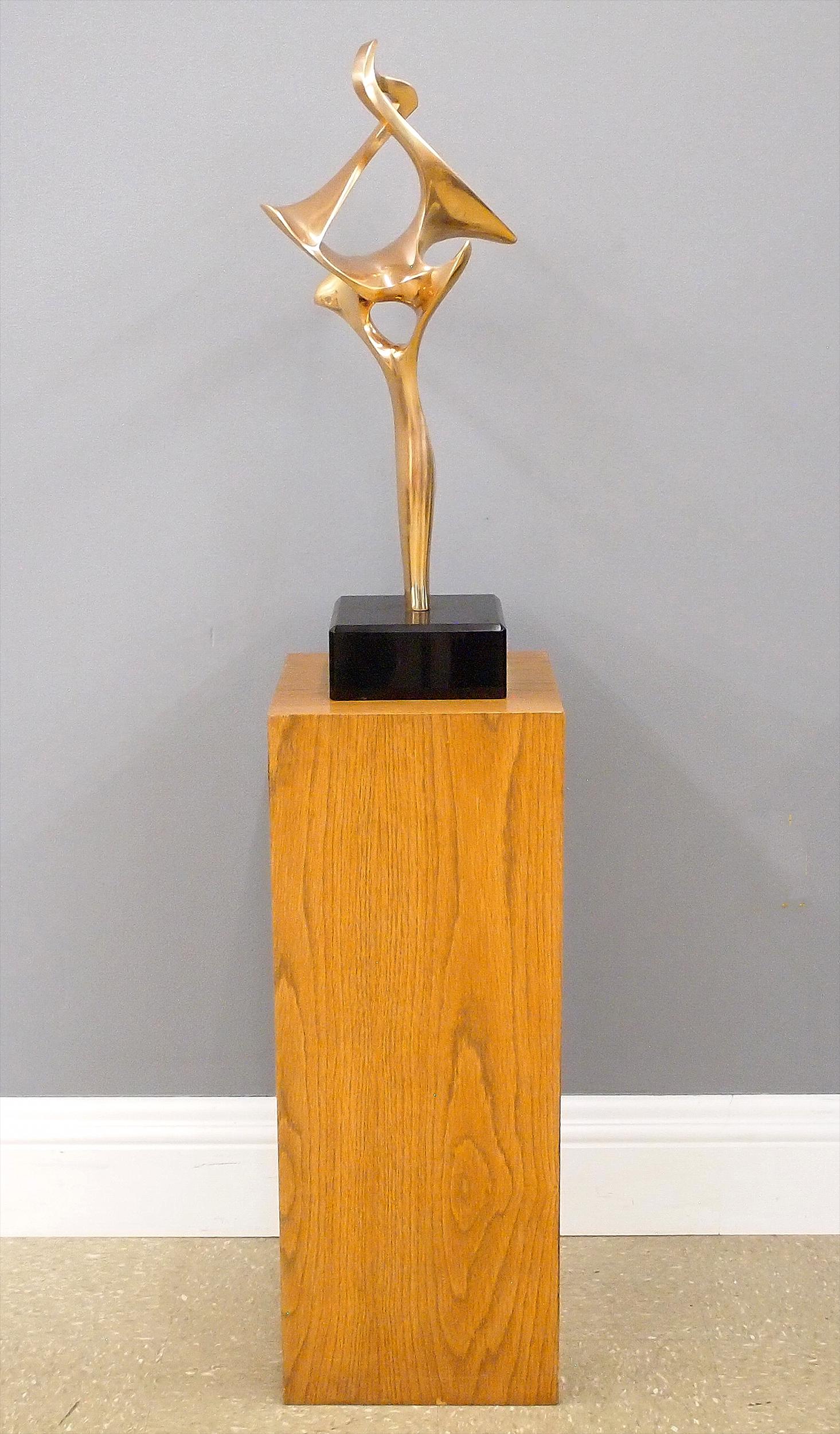 Kieff Bronze Sculpture: Antonio Grediaga Kieff, Spanish/Canadian, born 1933. Abstract sculpture in polished Bronze on a Black stone base. Signed and annotated "Kieff E/A 1972". Slight surface wear. 22" high plus the 7 x 7 x 