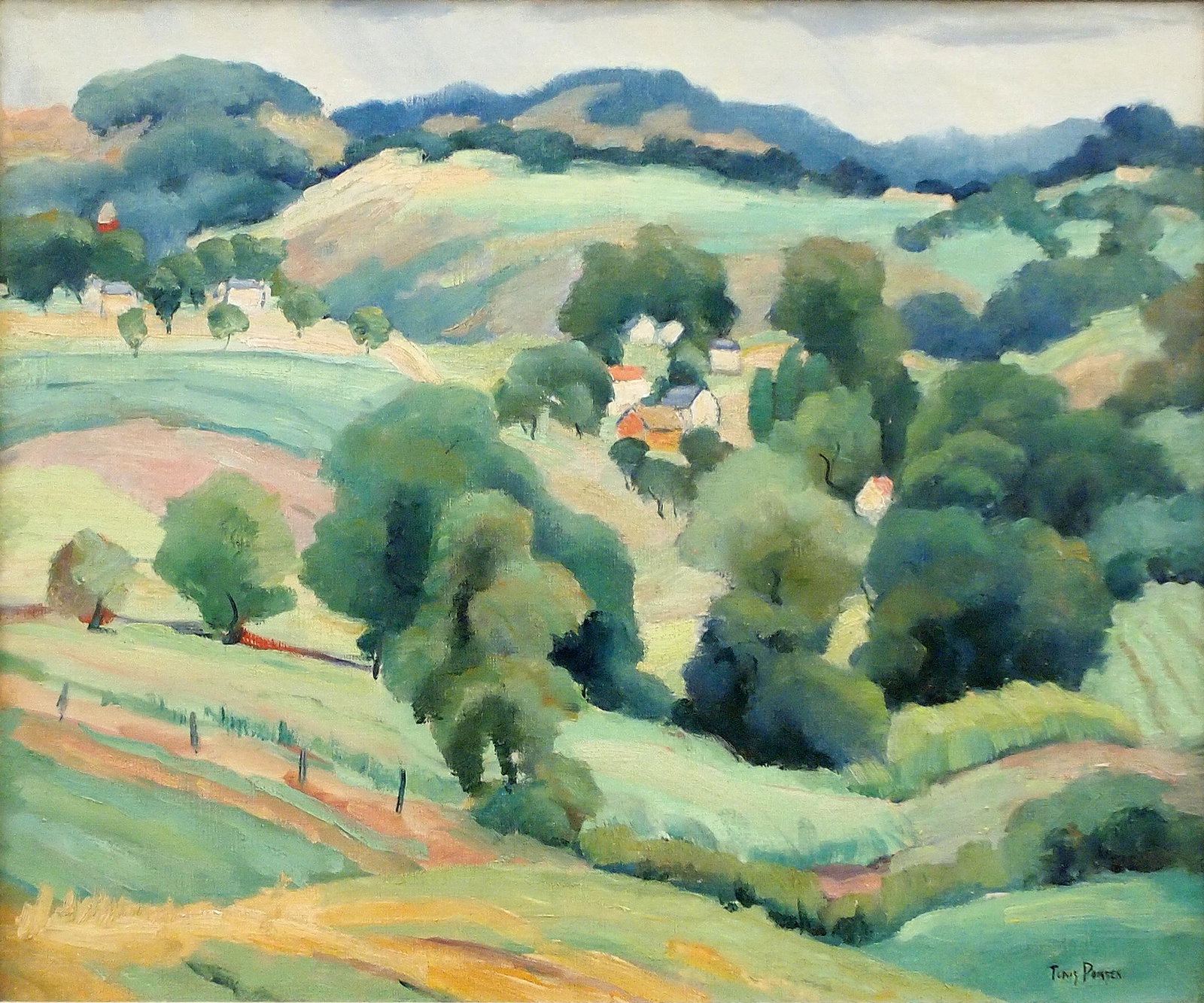 Tunis Ponsen Landscape: Tunis Ponsen, Dutch/American, 1891-1968. Oil on canvas landscape entitled "Rolling Hills in Greens". Depicts a rural landscape with farm buildings in a wooded setting. Signed "Tunis Ponsen" lower righ