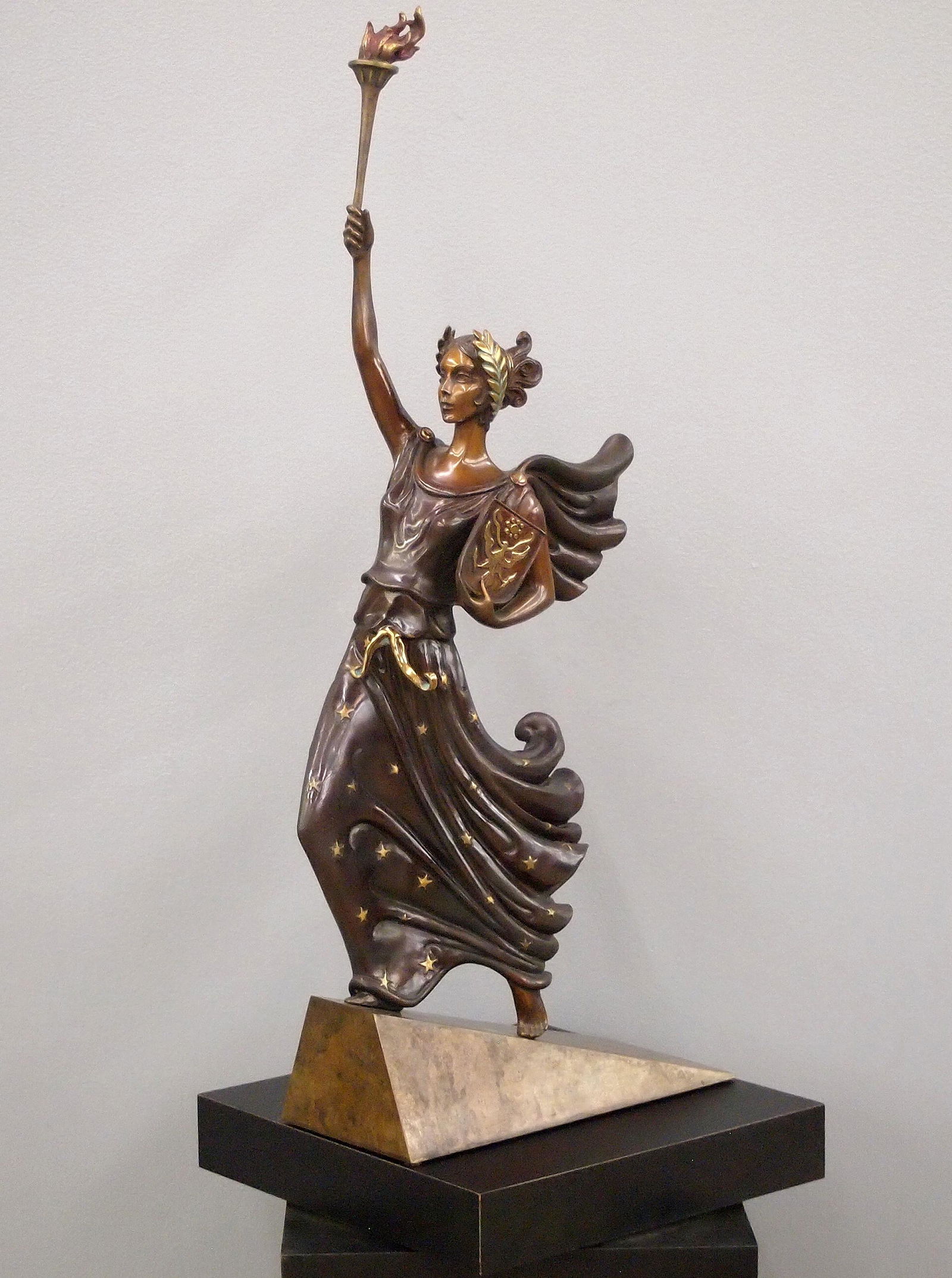Erte-Liberty, Fearless & Free Sculpture: Erte (Romain de Tirtoff) Russian/French, 1892-1990. Bronze sculpture entitled "Liberty, Fearless and Free". Incised signature "Erte" and impressed "327/500, FINE ART ACQUISITIONS, JM-FAA, ©1984" at b
