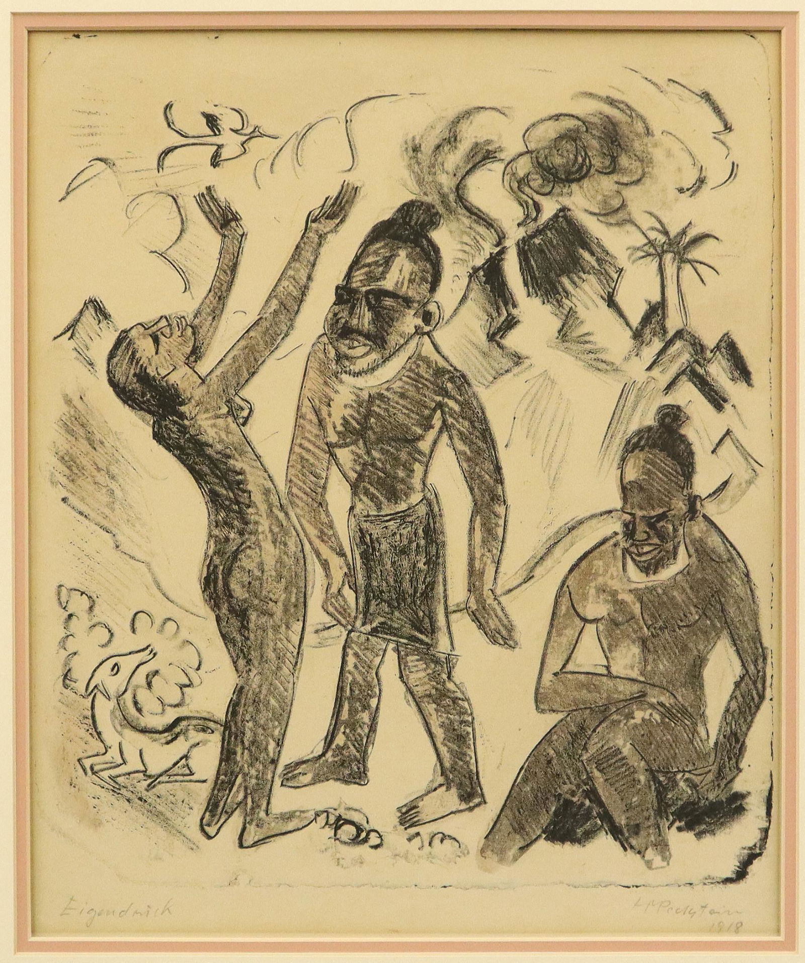 Hermann M Pechstein Lithograph: Hermann Max Pechstein, German, 1881-1955. Lithograph in colors entitled "Palau VI" Three acts before a volcano, 1918 (Kruger L 258). Signed in pencil and annotated "H M Pechstein, 1918" lower right an