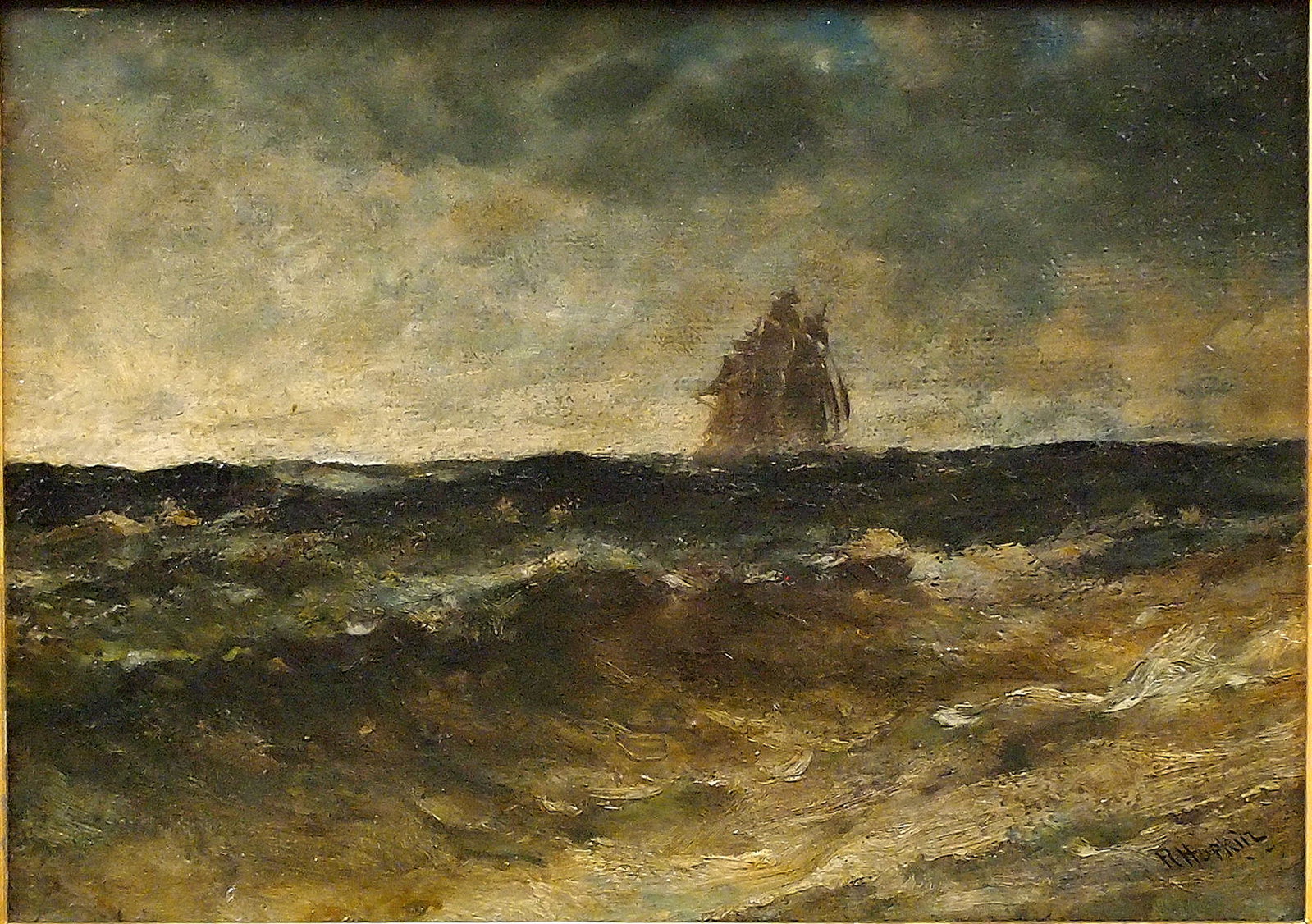 Robert Hopkin Seascape: Robert Hopkin, Scottish/American, 1832-1909. Oil on canvas on wood panel is entitled "Morning" and depicts a ship on dark waters. Signed "R. Hopkin" lower right, titled and signed verso. Some surface 
