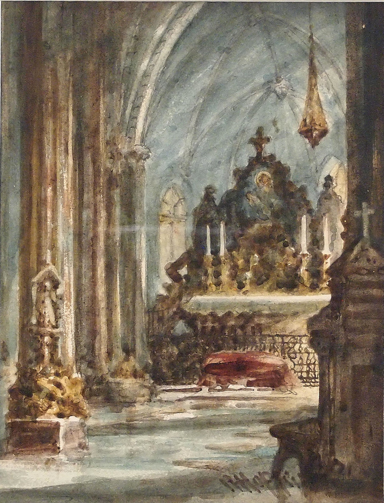 Robert Hopkin Genre Scene: Robert Hopkin, Scottish/American, 1832-1909. Watercolor on paper depicting a church interior with "Mr. and Mrs. C.E. Frazer Clark, Sr. Item #9 Watercolor of Stage setting" typed on an index card verso