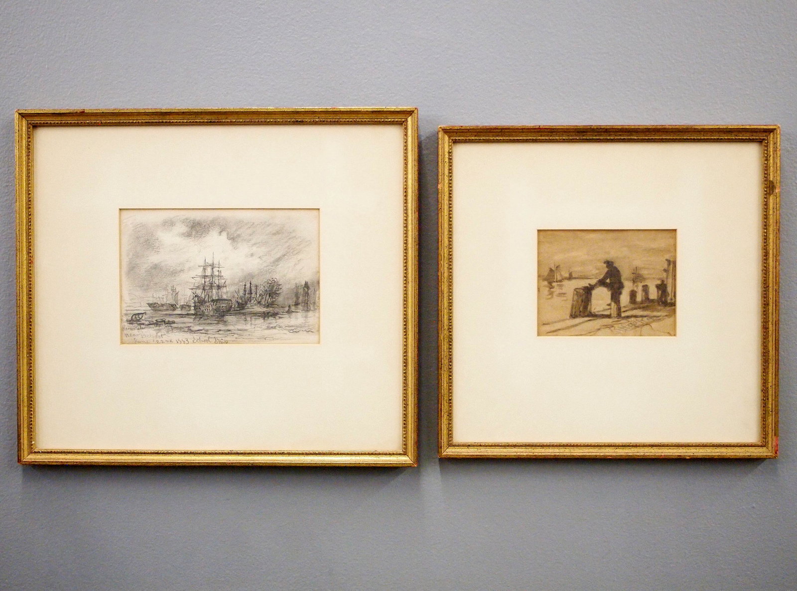 2 Hopkin Sketches: Robert Hopkin, Scottish/American, 1832-1909. Two pencil sketches on paper include an image of a man sitting on a Pier, looking out at the sailboats on the water, and another image entitled "School Shi