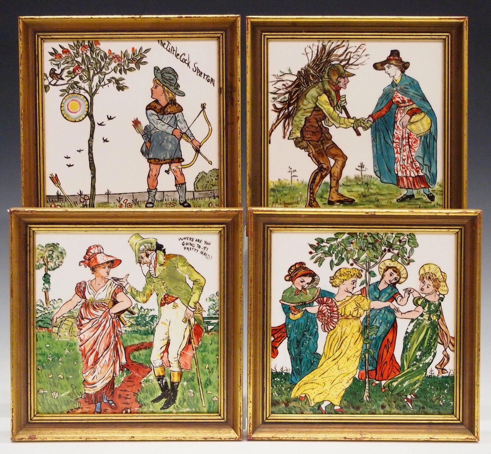 4 Minton/Walter Crane Tiles: Four Minton "Nursery Rhyme" ceramic tiles. Each decorated with designs originally by Walter Crane including "The Little Cock Sparrow", "My Pretty Maid", "One Misty Morning", and "Here we go 'round the