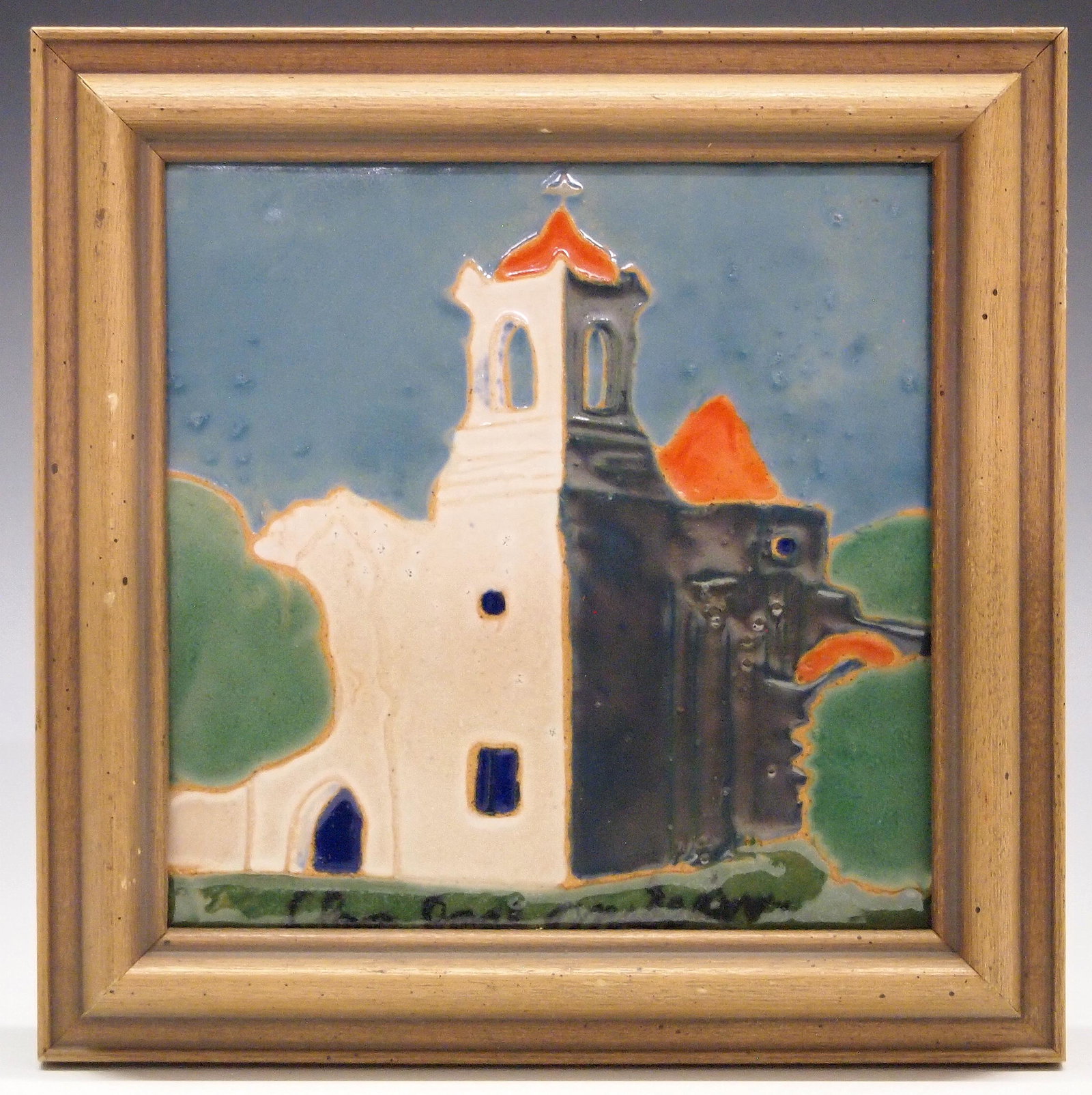 San Jose Mission Tile: A 1930's San Jose Mission Art Pottery tile. In colors of Blue, Green, White, Cobalt, and Orange. "San Jose Mission" title below the image and painted verso. A couple of minor flakes/chips noted on the