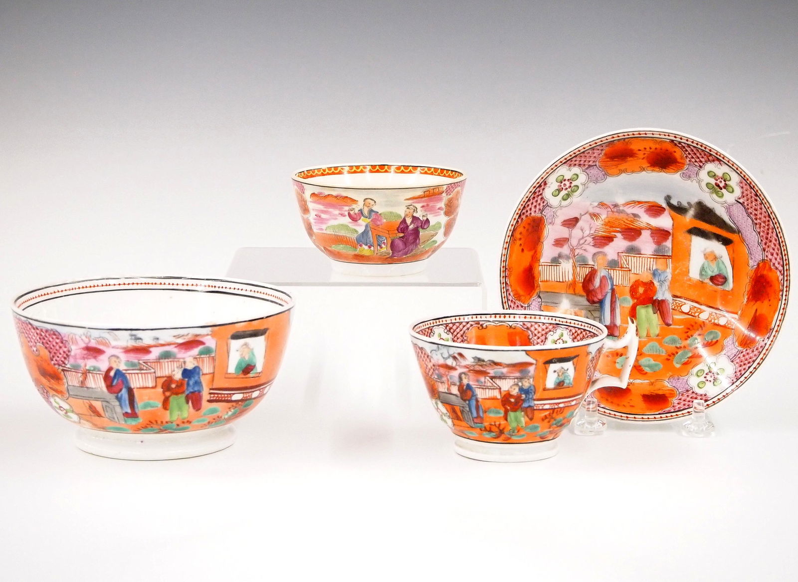 3 Pieces of English Export: Three pieces of English export style pottery. Tea cup with saucer and two bowls. All with minor wear. Up to 5" in diameter. ESTIMATE $200-400