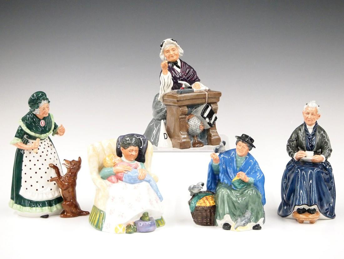 5 Large Royal Doulton Figurines: Five large Royal Doulton character figurines. Various women including "Old Mother Hubbard", "School Marm", "Sweet Dreams", "The Cup of Tea", and "Tuppence A Bag". All with printed marks. Minor wear. U