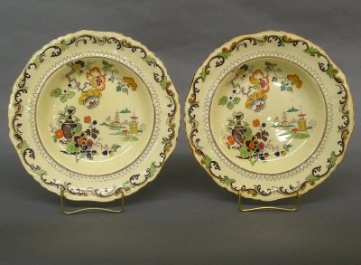 Pr Mason's soups: A pair of 19th century Mason's Ironstone soup bowls. Transfer decoration with hand painted detail. Printed and impressed marks. Minor edge wear. Each 10 1/4" diameter. ESTIMATE $100-200