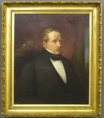 Portrait of a gentleman: A 19th century oil on canvas portrait of a gentleman. Seated next to a window on a Victorian chair with carved back. Some craquelure and surface abrasion. Image 26 1/2 x 32", framed 35 x 40 1/2" overa