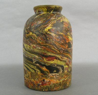 Painted jar: A turn of the century Redware jar with multi-color hand painted decoration. Wear and some flaking. 10" high. ESTIMATE $50-100