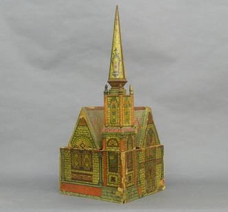 Model Church: A turn of the century 6-pc building set, "Church & Sunday School Blocks, Published by R. Bliss Mfg. Co, U. S. A." Cardboard components with lithographed paper exterior. Incomplete, wear and some