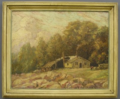 A. Palmer Wigle landscape: Archie Palmer Wigle, Detroit area artist, mid 20th century. Oil on masonite landscape with a cabin in the woods and a man outside chopping wood. Signed lower right. Surface grime. Image 20 3/4 x 16 1/