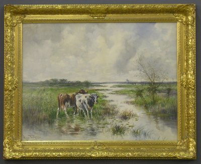 H Fisher watercolor: Hugo (Melville) Fisher, American 1878-1946. Watercolor on paper. Dutch landscape with two cattle grazing near some pollard trees and a windmill in the distance. Signed lower left. Image 25 1/2 x 19 1/