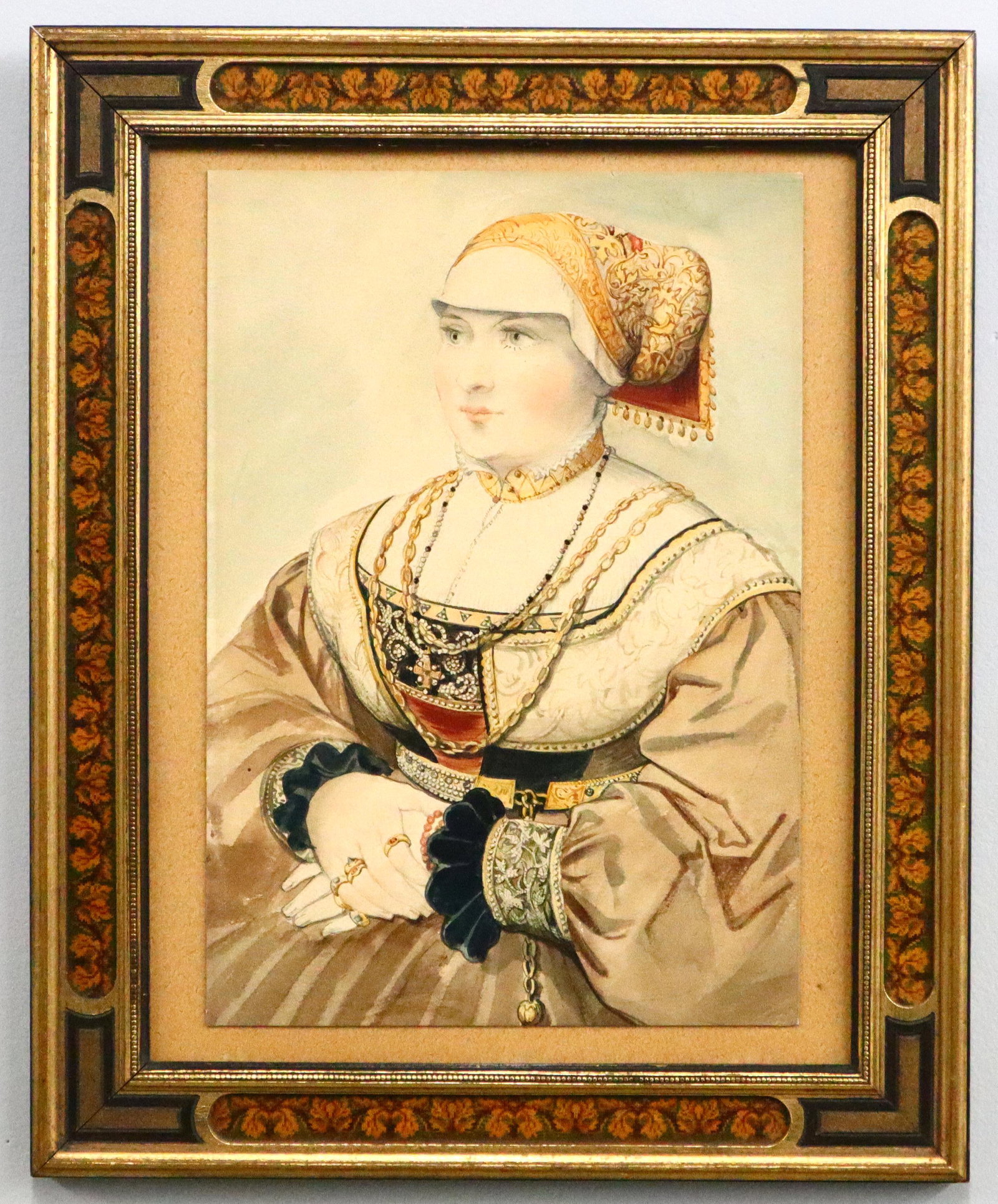 Watercolor Portrait: Turn of the century watercolor on paper portrait. Depicts a woman in formal court dress with elaborate jewelry, unsigned. Minor surface damage, not examined out of frame. Image 8 1/2 x 12 1/4" high, i