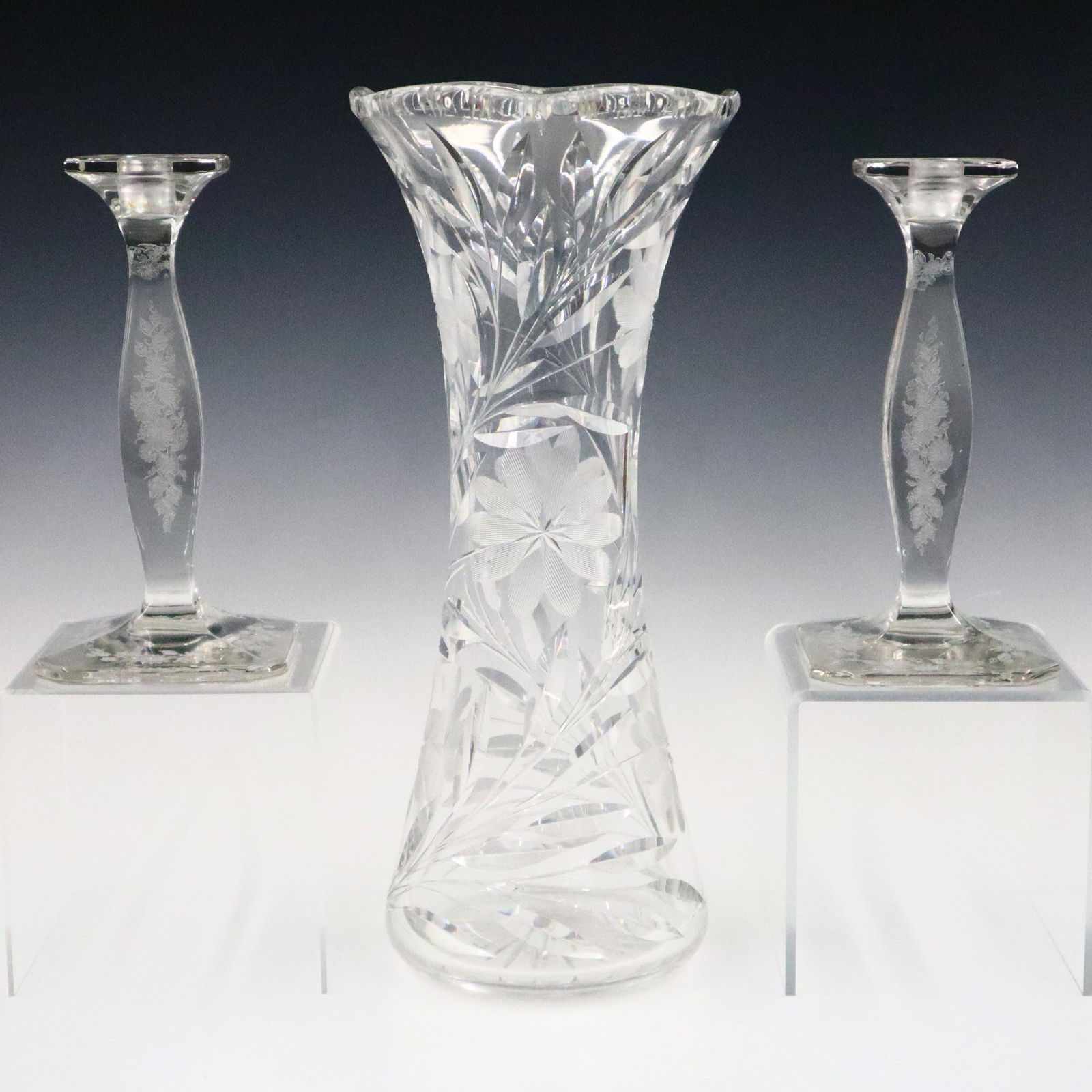 Cut Glass Vase & 2 Candlesticks (1 of 1)