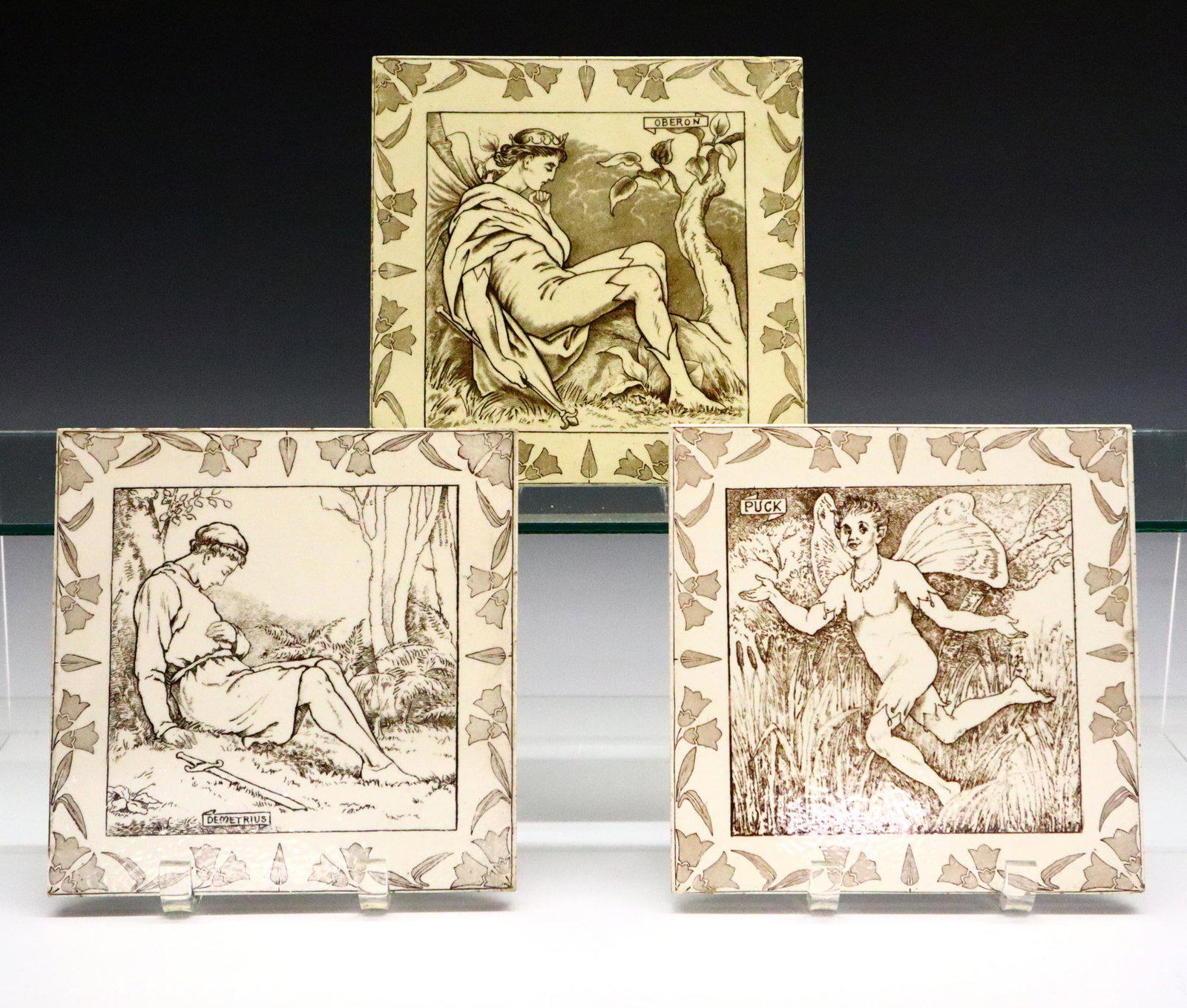 3 Wedgwood Tiles: Three Late 19th Century Wedgwood Tiles. Brown on white transferware tiles from the "Midsummer Night's Dream" series, c. 1878; includes Oberon, Demetrius, and Puck. All marked "Josiah Wedgwood & Sons E
