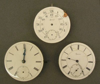 3 Swiss watch movements: 3 Swiss pocket watch movements. 2 Agassiz and a Longines. As found, 1 disassembled. ESTIMATE $200-300