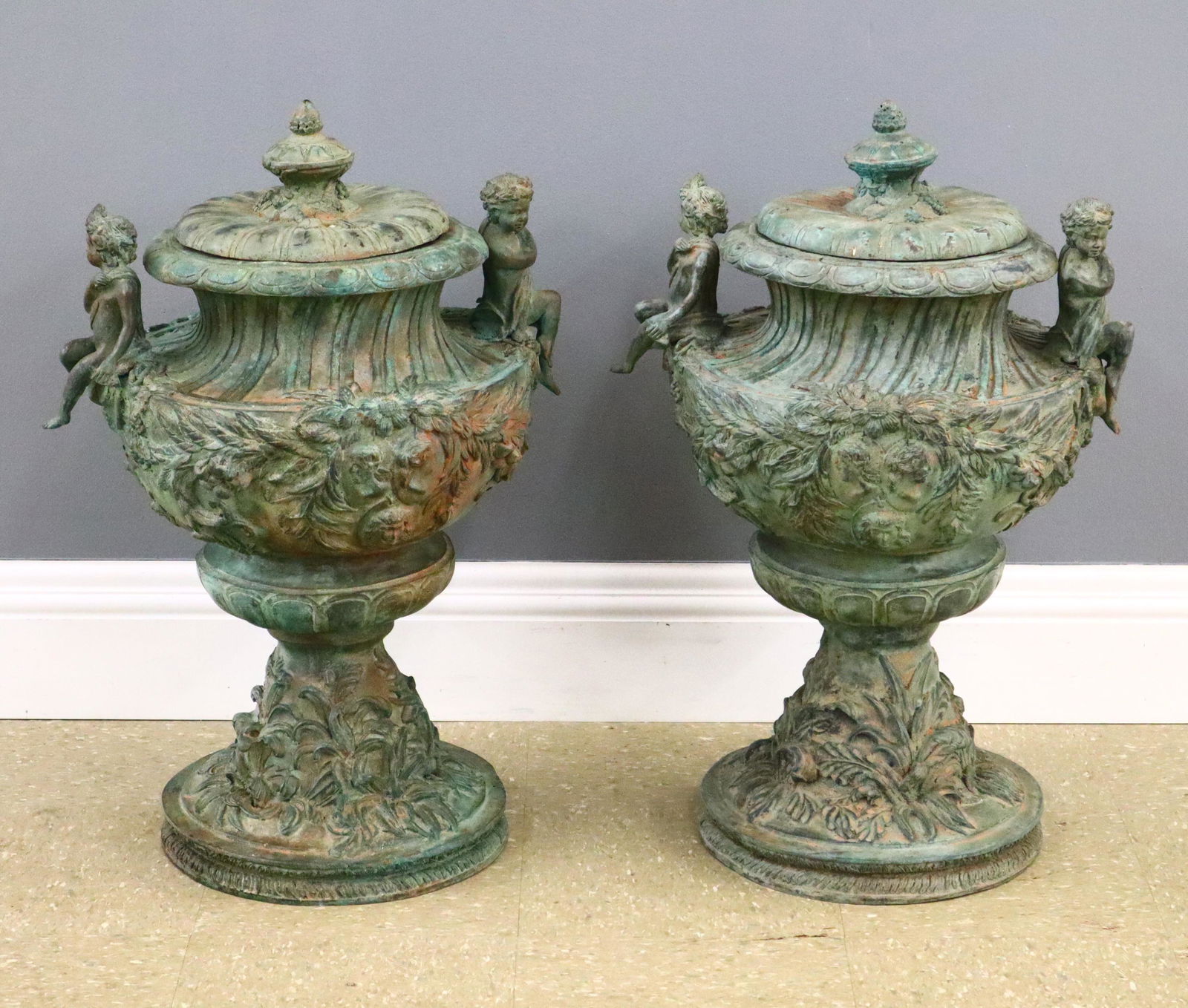 Pair of Bronze Verdigris Urns (1 of 3)