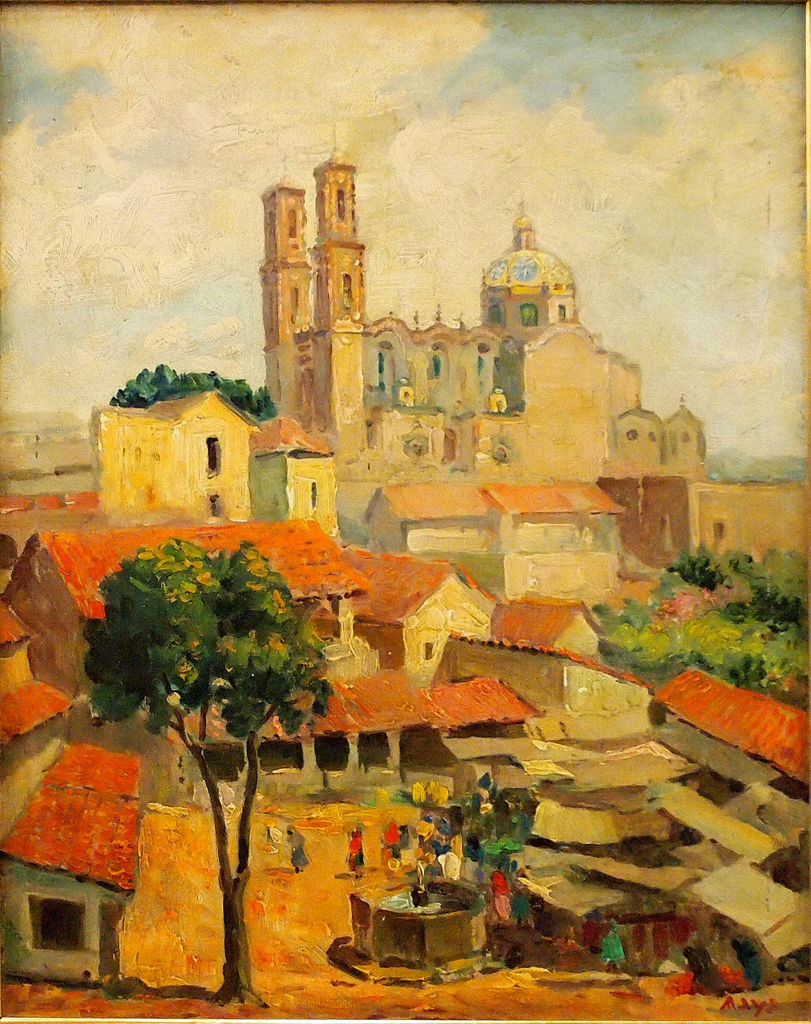 Reynaldo Maya Landscape: Reynaldo Maya, Mexican, b. 1911. Oil on canvas landscape. Depicts a brightly colored village square with a cathedral in the background. Signed "Maya" lower right. Laid on Masonite with some losses alo
