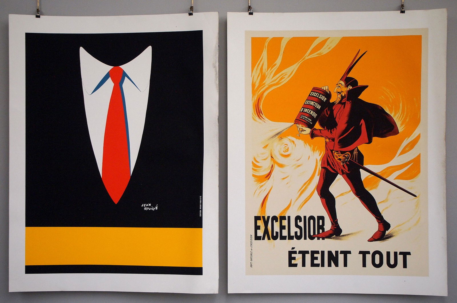 2 French Advertising Posters: Two 20th century French advertising posters including an "Excelsior Eteint Tout" by Speciale de l'Excelsior and a "Jean Rouille" by Avenir Publicite. Both with wear, soiling at edges and creases at co
