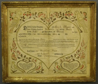 Pennsylvania fraktur: A late 18th century Pennsylvania fraktur. Printed design with hand colored detail, dated 1798. Staining and some damage, loss and fold lines. Image 14 1/2 x 12 1/2", in a worn gilded frame 17 1/2 x 15