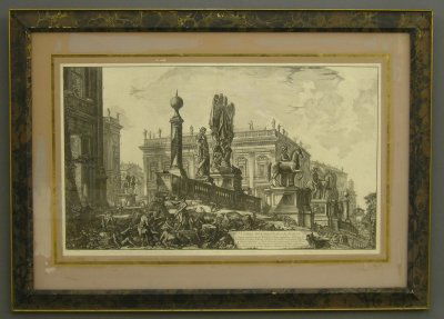 Piranesi engraving: Giovanni Battista Piranesi, Italian 1720-78. Engraving entitled "Veduta del Campidoglio di franco". Depicting Roman buildings and ruins. Minor discoloration. Image 15 3/4 x 26 7/8", framed 26 x 36 1/2