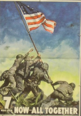 5 War bond posters: Five WWII U S Treasury War Bond posters (1945 O-637980) Small single sheet posters entitled "7th War Loan, Now..All Together" with the classic US Marine Corp Iwo Jima flag raising by C C Beall. All wi