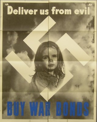 3 War bond posters: Three WWII U S Treasury War Bond posters (1943 0-523825) Two sheet posters entitled "Deliver us from evil". All with 1/4 horizontal fold lines, minor edge wear. Each 22 x 28" high. ESTIMATE $200-300