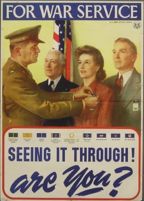 4 War bond posters: Four WWII U S Army posters (1945 0-626575) Large single sheet posters entitled "For War Service, Seeing It Through, Are You?". Center horizontal and vertical folds, some edge wear, corner damage. Each