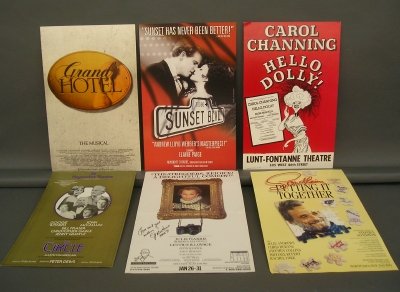 6 Theatre Lobby Cards: Six Theatre Lobby Cards including Grand Hotel, Sunset Blvd, Hello Dolly, The Circle, Lettice and Lovage and Putting it Together. Unframed, some with surface scratches, minor corner damage, "Lettice" i