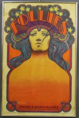 1970 "Follies" poster: A 1970 "Follies" poster designed by David Edward Byrd. "Winter Garden Theater" printed by Artcraft Litho. Scotch tape on upper edge, water stains at top and bottom, surface abrasion. 24 3/4 x 37 3/4".