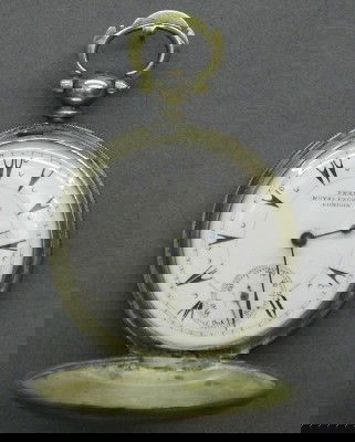 British Silver Turkish Market pocket watch: A 19th century British Sterling pocket watch, by "Denl, London". 7 jewel key wind key set 40mm movement with porcelain dial marked "French Royal Exchange, London" and Turkish numerals. Sterling Silver