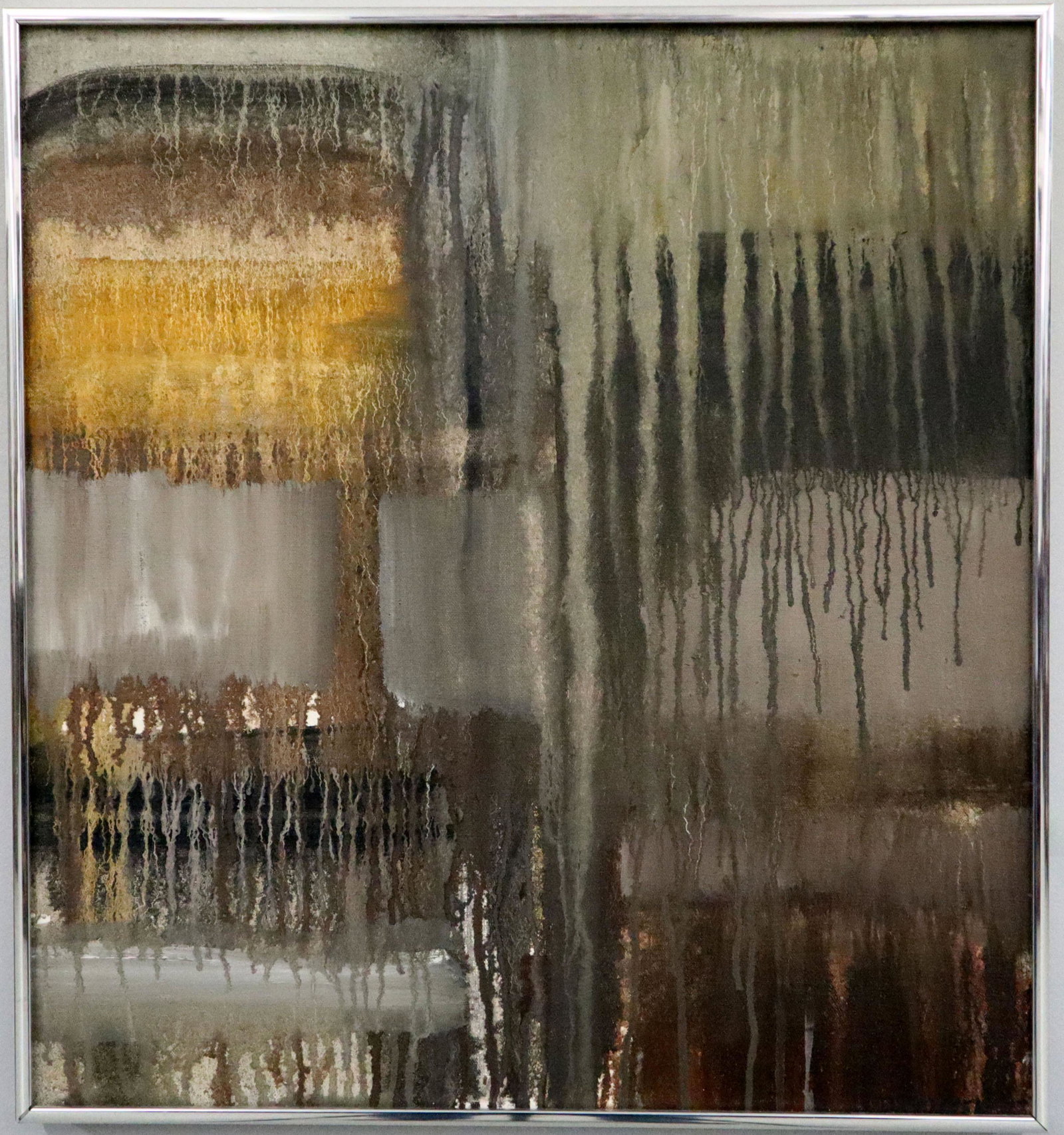 Acrylic on Canvas Abstract: A mid 20th century acrylic on canvas abstract in shades of Ochre, Brown and Gray. Signed illegibly lower right. Minor wear. Unmatted in a Chrome frame with some joint separation, 20 1/4 x 22 1/2" high