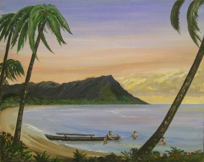 Lloyd Bowden Hawaiian seascape: Lloyd Bowden, Hawaii 1974. Oil on masonite painting Hawaiian seascape with three fisherman next to an outrigger canoe with Diamondhead in the distance. Written on stretcher "Hawaii, To Renny & Bill Sc