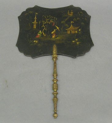 Chinese Export fan: An early 19th century Chinese Export fan. Shaped, lacquered blade with finely painted scenic decoration and a turned giltwood handle. Some wear, handle with older glued repair. 14 1/2" high. ESTIMATE
