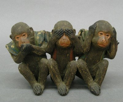 Terra Cotta Monkey group: A 20th century Terra Cotta Monkey figural group. Classic "Hear no Evil…" pose in the seated position wearing Kimonos with painted detail. Paint wear and some flaking. 7 1/2" long. ESTIMATE $50-75