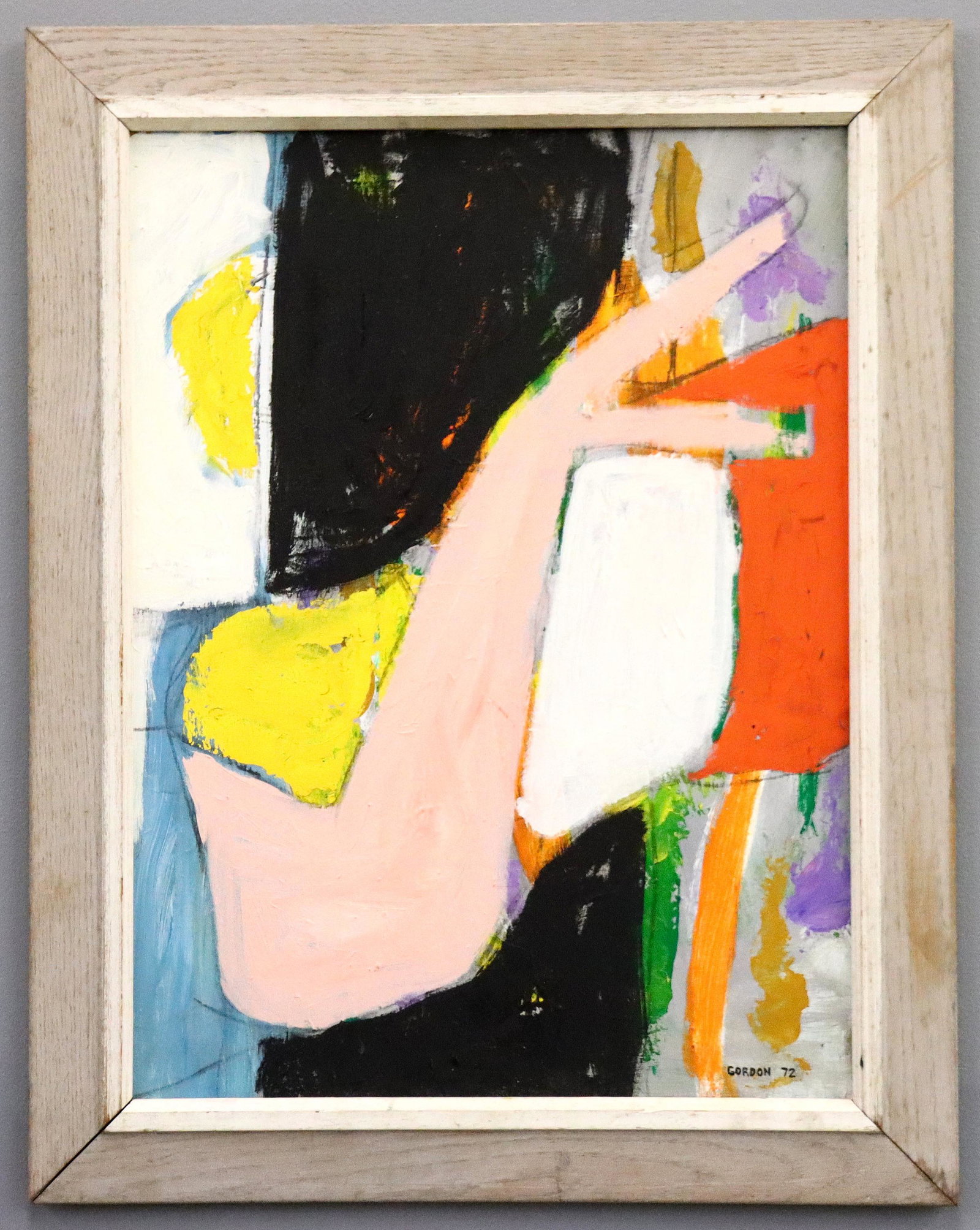 A. Gordon Abstract: Alice Gordon, n.d. A 1970's multicolor oil on board abstract. Signed "Gordon" and dated "72" lower right, additionally signed and annotated "New Haven" verso. Minor paint loss, loose in frame. Image 1