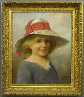 H. P. Giles portrait: Horace P. Giles, American 1806-1897. Oil on artist's board portrait of a young girl in a Straw hat and Blue dress. Signed lower right "H. P. Giles". Slight wear. Image 12 1/2 x 15 1/4", in a Victorian