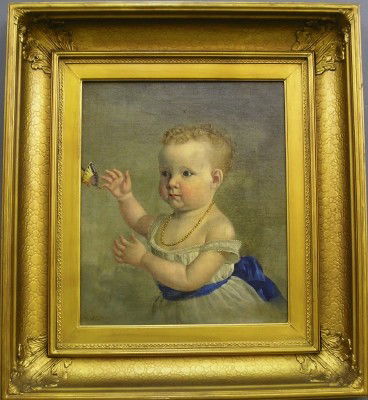 J. H. Beard portrait: John Henry Beard, Long Island, New York, 1812-1893. Oil on canvas portrait of a young girl in a White dress with Blue sash, reaching for a butterfly. Signed and dated "J H Beard, 1874" lower left. Min