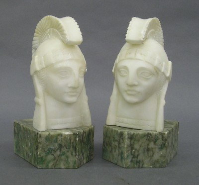 Art Deco bookends: A pair of 1930's French Art Deco bookends with Athena. Alabaster busts on Green Marble bases. Wear and minor damage. Each 8 1/2" high. ESTIMATE $100-200